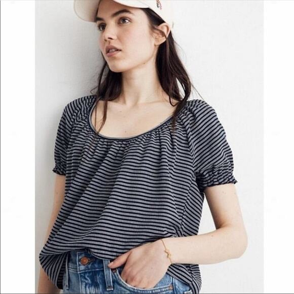 Madewell Texture & Thread Navy Stripe Peasant Top - Picture 4 of 13